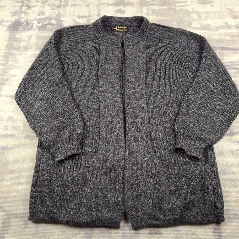 Fashion Forum Debra Ann Alpaca Wool Cardigan Sweater Gray Open Front Pocket Peru
